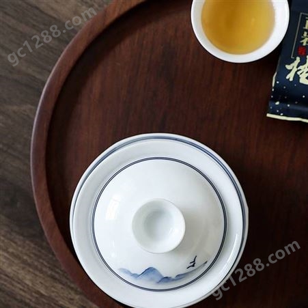 手绘山水白瓷敬茶碗青花瓷白瓷三才茶碗