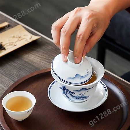 手绘山水白瓷敬茶碗青花瓷白瓷三才茶碗
