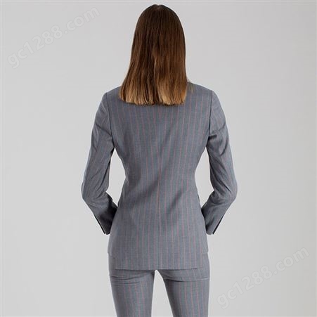 欧美2021年新款私人定制女装一粒扣灰色条纹戗驳领西服套装圆下摆